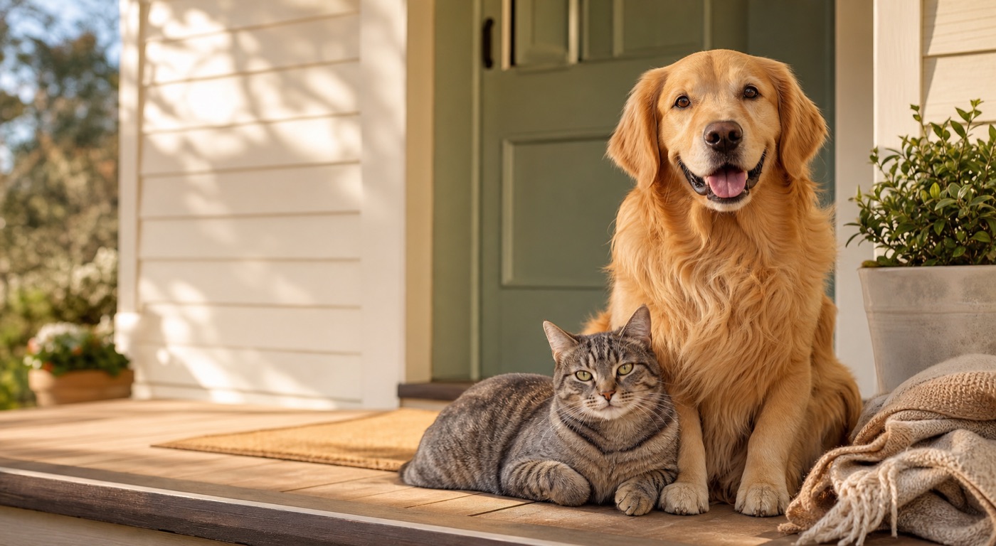 A friendly dog and cat relaxing together on a welcoming porch